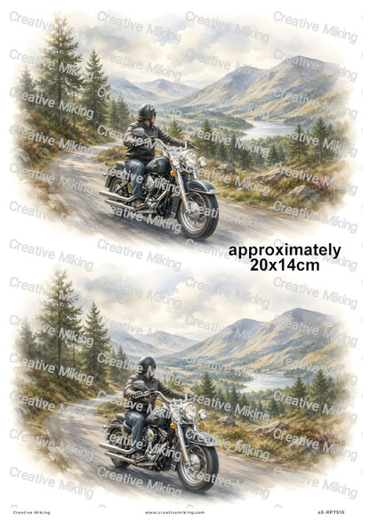Motorbike Rider In Mountain Landscape Decoupage Rice Paper | RP7510