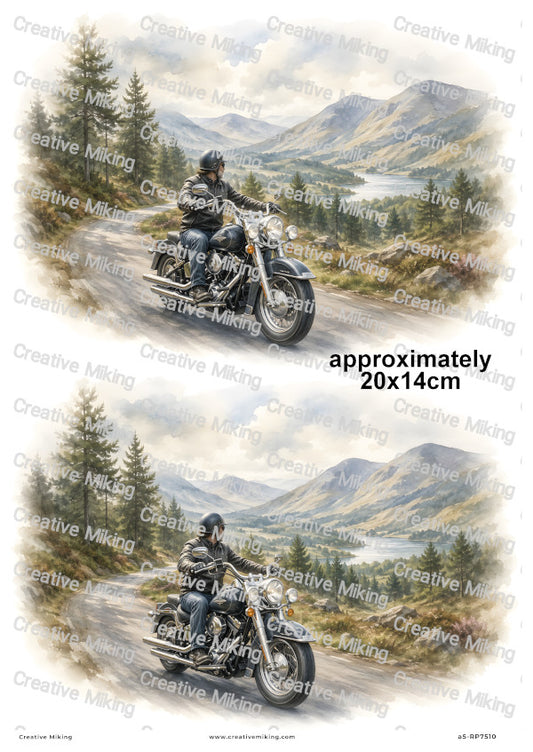 Motorbike Rider In Mountain Landscape Decoupage Rice Paper | RP7510