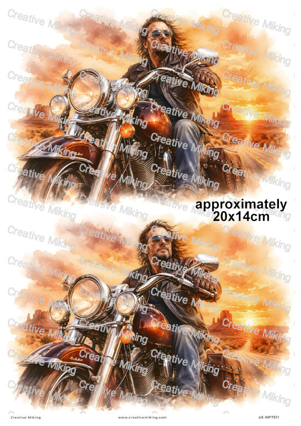 Motorbike Rider In Desert Sunset Decoupage Rice Paper | RP7511