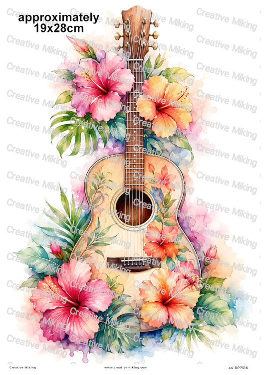 Tropical Guitar With Hibiscus Flowers Decoupage Rice Paper | RP7516