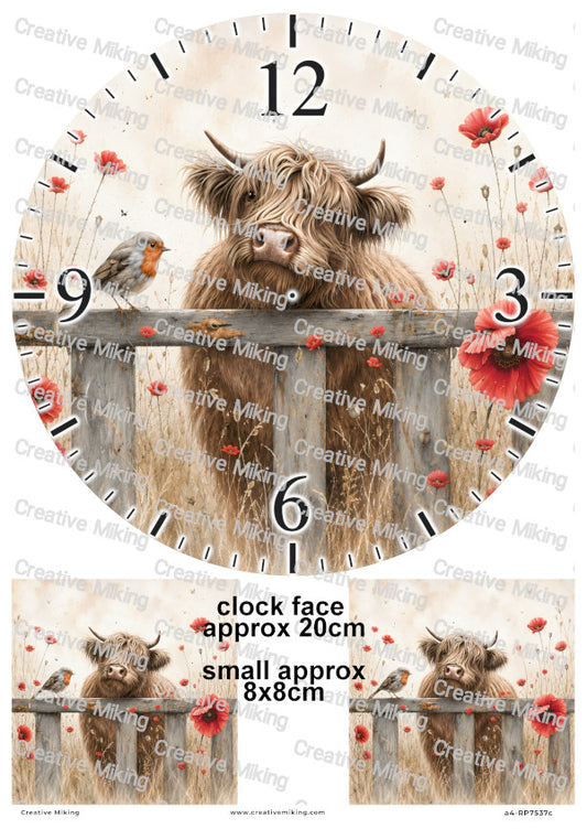 Highland With Robin Bird Among Poppies Clock Face Decoupage Rice Paper | RP7537c