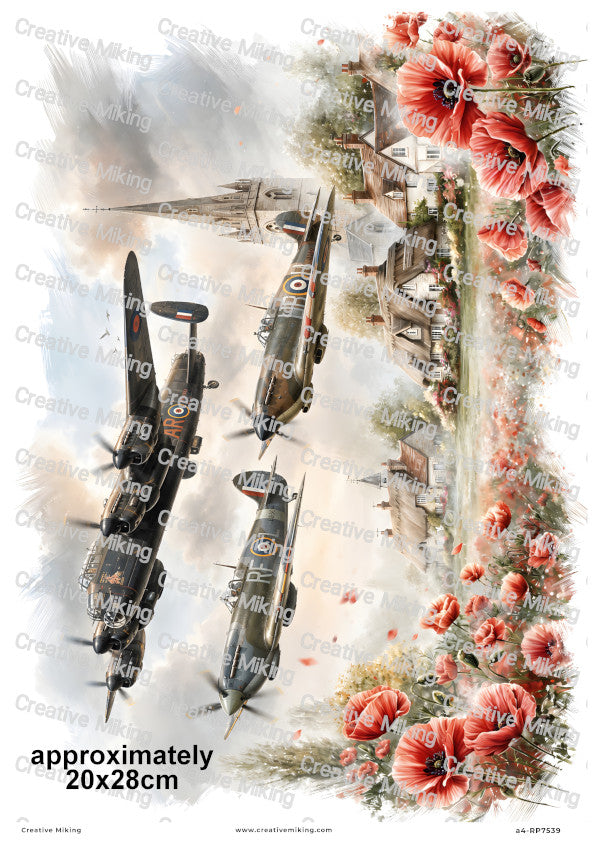 Lancaster Spitfire And Hurricane With Poppies Remembrance Decoupage Rice Paper | RP7539