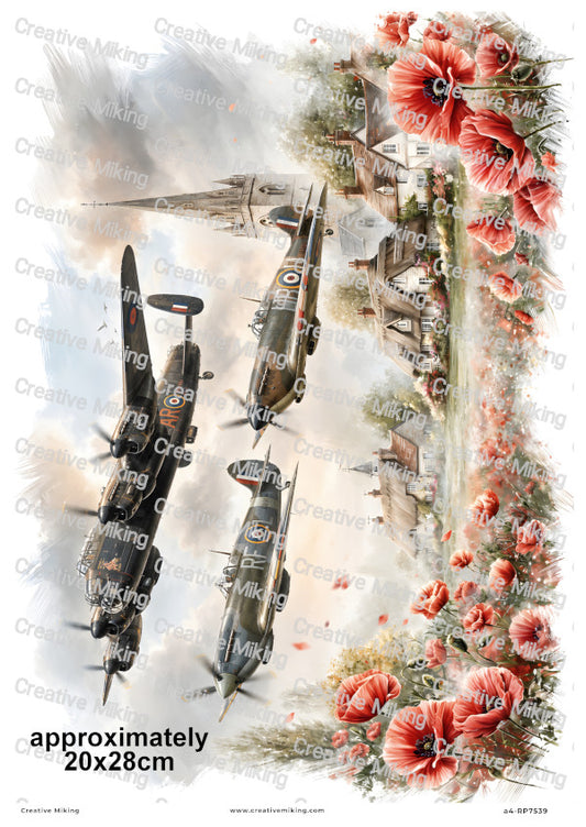 Lancaster Spitfire And Hurricane With Poppies Remembrance Decoupage Rice Paper | RP7539