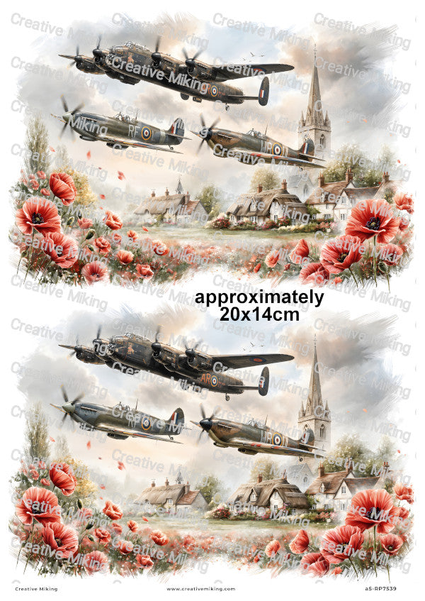 Lancaster Spitfire And Hurricane With Poppies Remembrance Decoupage Rice Paper | RP7539