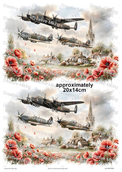 Lancaster Spitfire And Hurricane With Poppies Remembrance Decoupage Rice Paper | RP7539