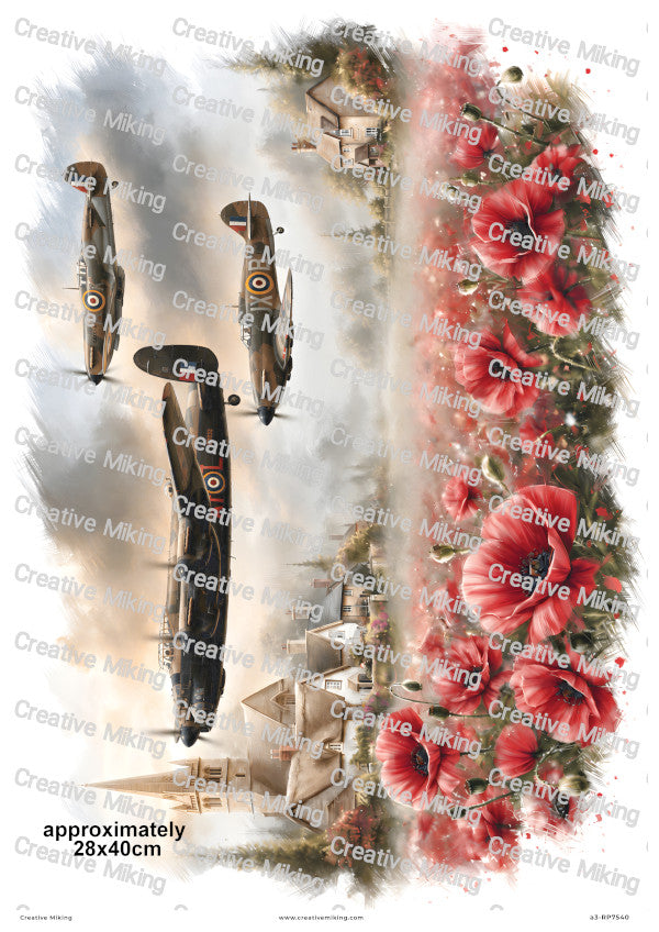 Lancaster And Spitfires Over Village Remembrance Decoupage Rice Paper | RP7540