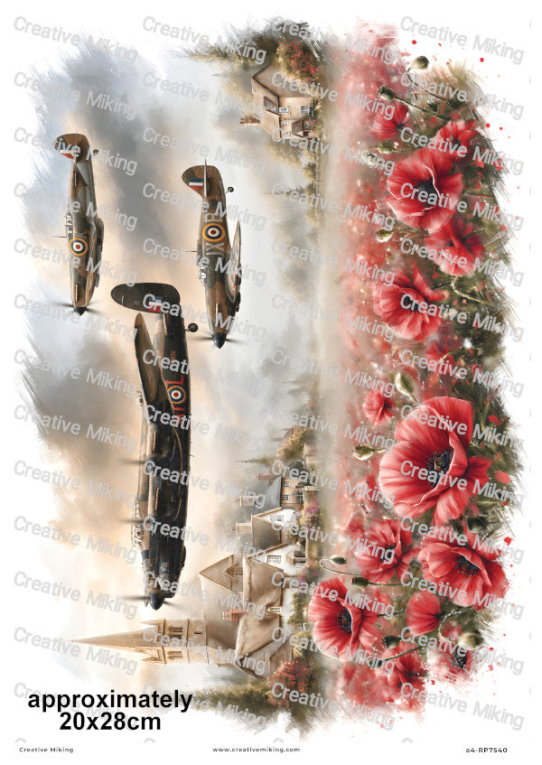 Lancaster And Spitfires Over Village Remembrance Decoupage Rice Paper | RP7540