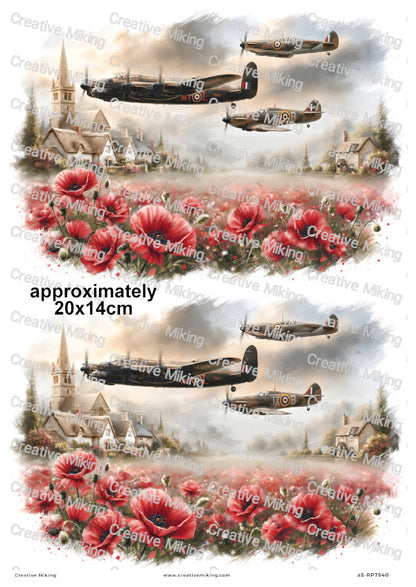 Lancaster And Spitfires Over Village Remembrance Decoupage Rice Paper | RP7540