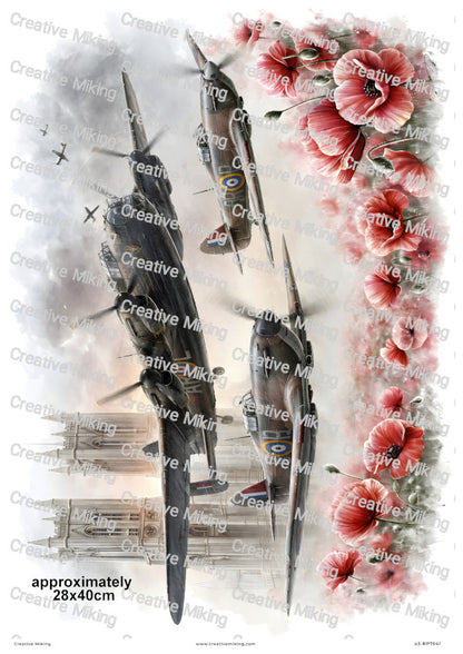 Lancaster And Spitfires Over Cathedral Remembrance Decoupage Rice Paper | RP7541