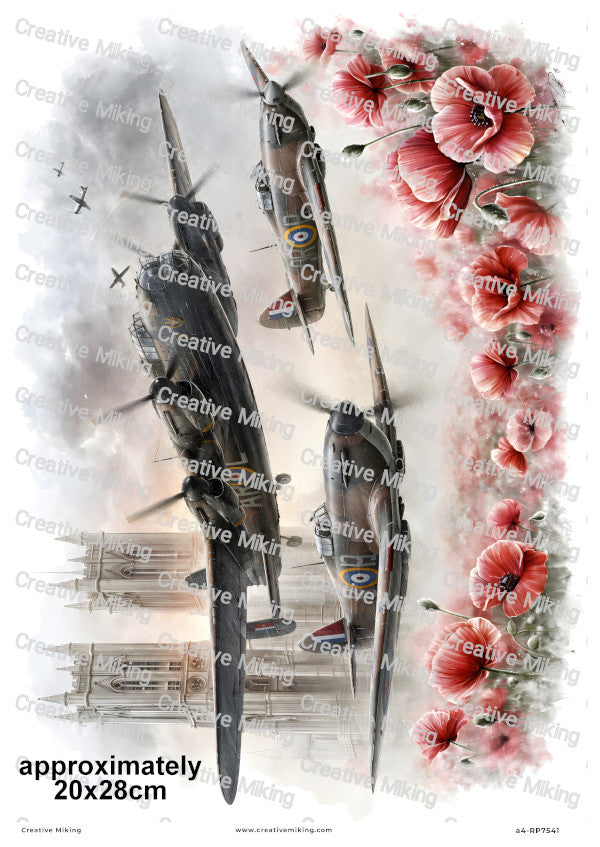 Lancaster And Spitfires Over Cathedral Remembrance Decoupage Rice Paper | RP7541