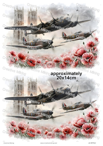 Lancaster And Spitfires Over Cathedral Remembrance Decoupage Rice Paper | RP7541