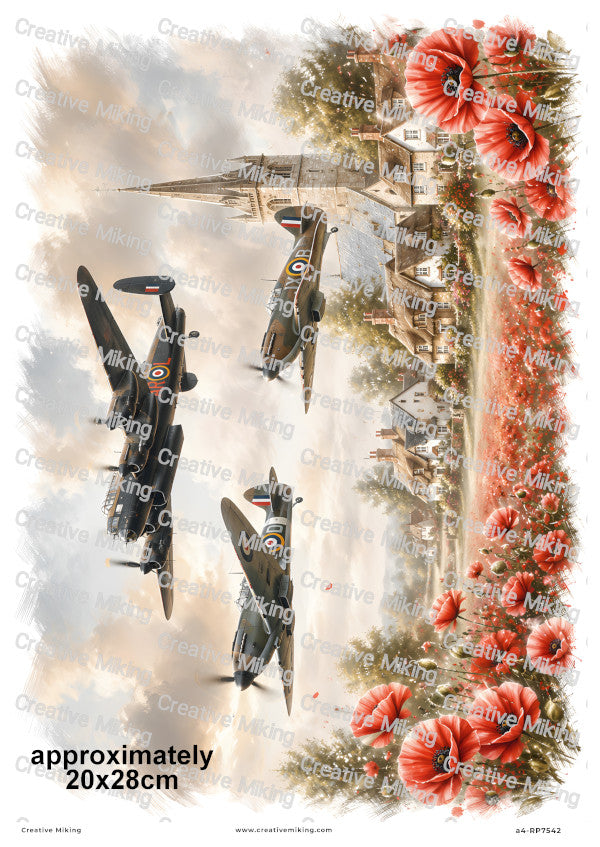 Lancaster And Spitfires Over Poppy Village Remembrance Decoupage Rice Paper | RP7542