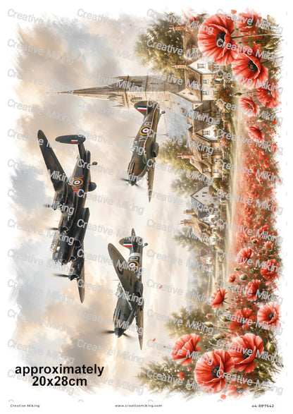 Lancaster And Spitfires Over Poppy Village Remembrance Decoupage Rice Paper | RP7542