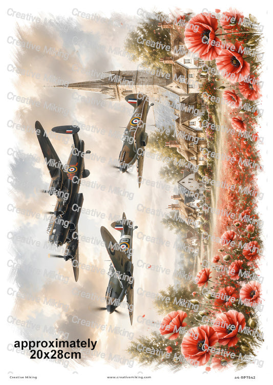 Lancaster And Spitfires Over Poppy Village Remembrance Decoupage Rice Paper | RP7542