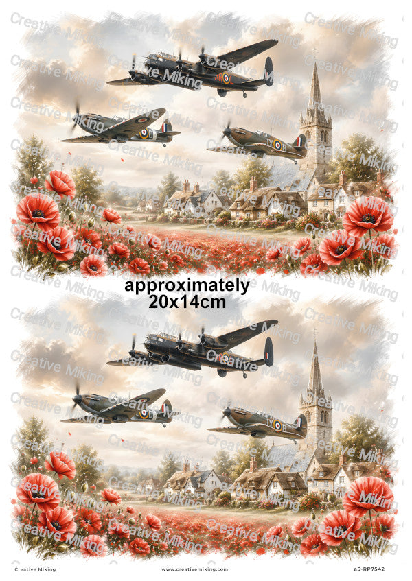 Lancaster And Spitfires Over Poppy Village Remembrance Decoupage Rice Paper | RP7542