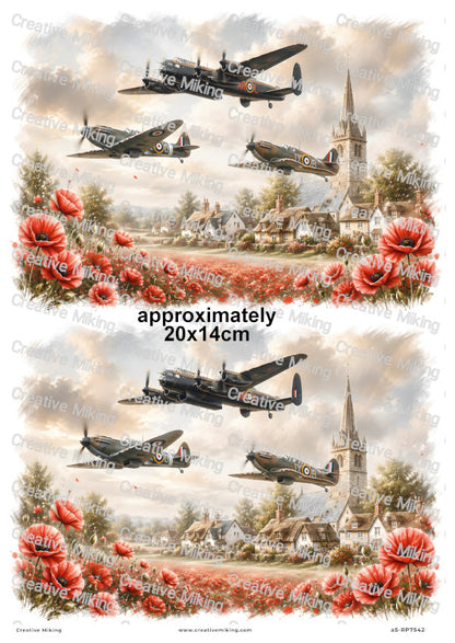 Lancaster And Spitfires Over Poppy Village Remembrance Decoupage Rice Paper | RP7542