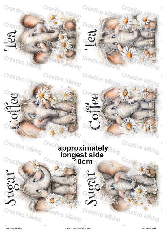 Elephants With Daisies Funny Kitchen Labels Decoupage Rice Paper — Tea, Coffee, Sugar | RP7545b