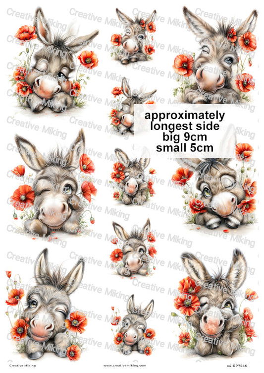 Donkeys With Poppies Funny Decoupage Rice Paper | RP7546
