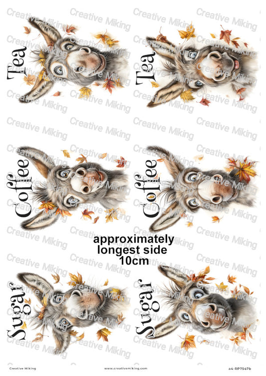 Donkeys With Autumn Leaves Funny Kitchen Labels Decoupage Rice Paper — Tea, Coffee, Sugar | RP7547b