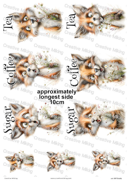 Foxes With Wildflowers Funny Kitchen Labels Decoupage Rice Paper — Tea, Coffee, Sugar | RP7548b