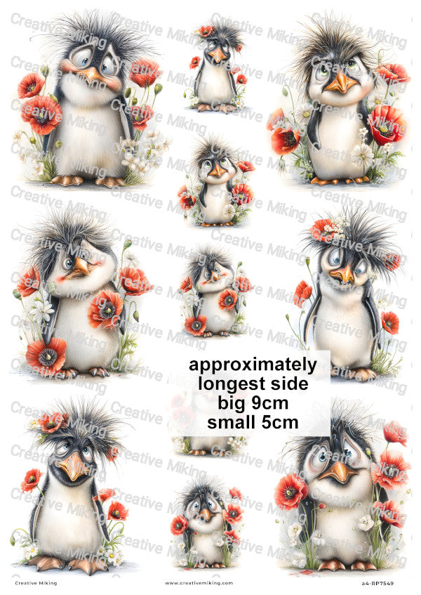 Penguins With Poppies Funny Decoupage Rice Paper | RP7549