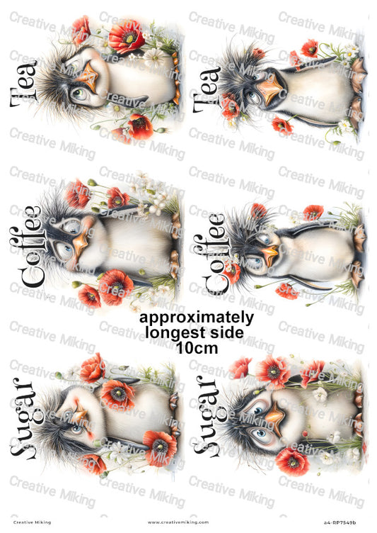 Penguins With Poppies Funny Kitchen Labels Decoupage Rice Paper — Tea, Coffee, Sugar | RP7549b