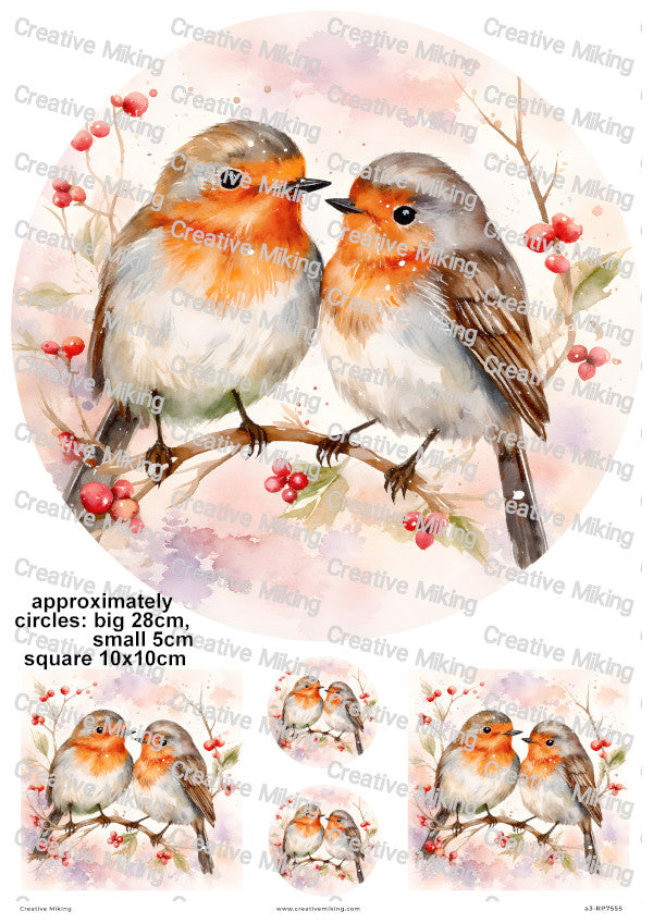 Robins On Branch With Red Berries Decoupage Rice Paper | RP7555