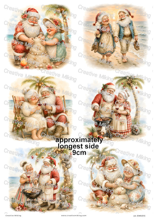 Santa And Mrs Claus Beach Scenes Christmas Decoupage Rice Paper | XMAS013