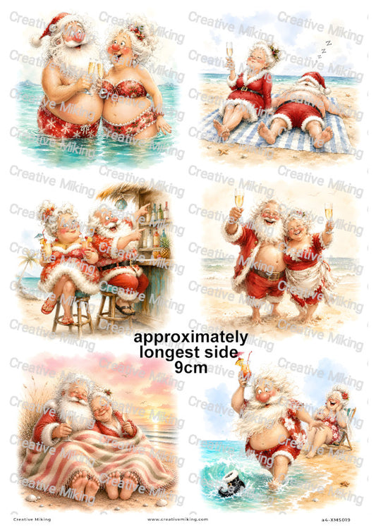 Santa And Mrs Claus Beach Holiday Christmas Decoupage Rice Paper | XMAS019