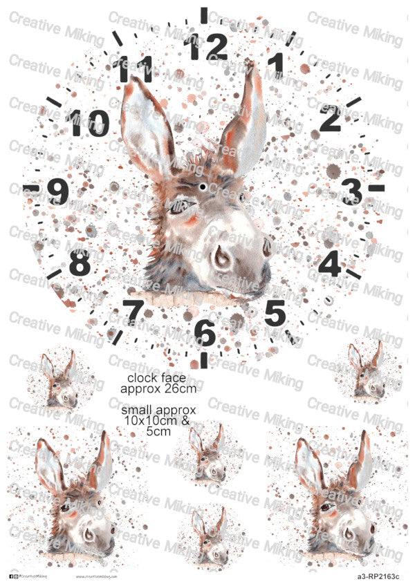 Donkey Watercolor Splashes Clock Face Decoupage Paper | RP2163c