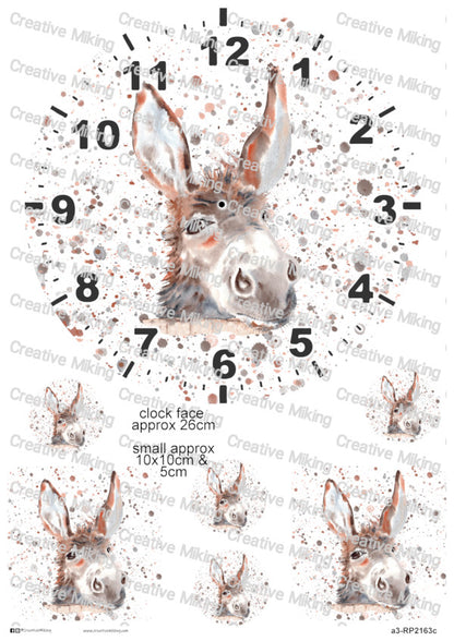 Donkey Watercolor Splashes Clock Face Decoupage Paper | RP2163c