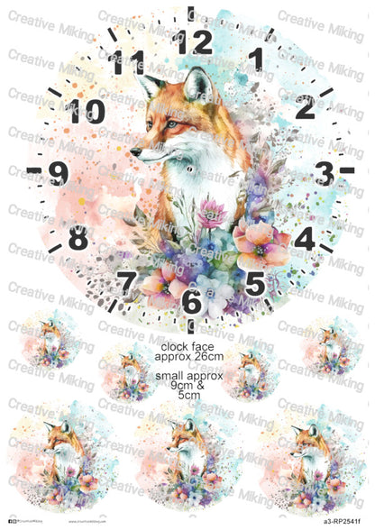 Fox Watercolor Splash Clock Face Decoupage Rice Paper | RP2541f
