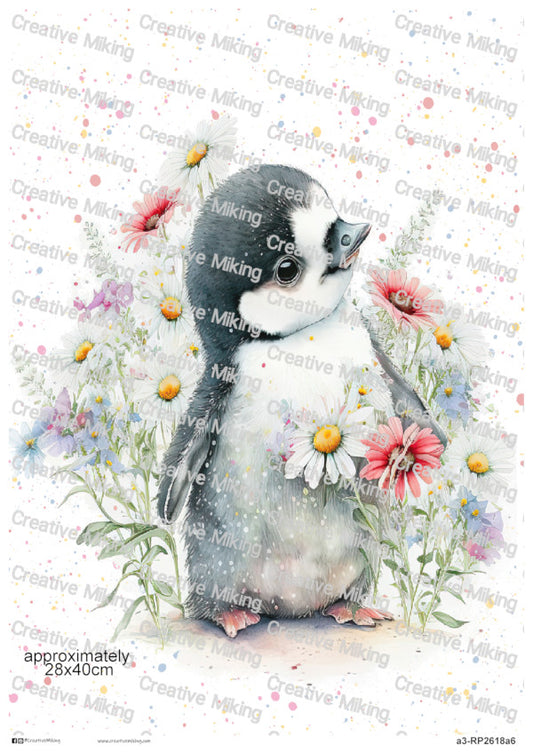 Penguin Chick Floral Watercolor Splash Decoupage Paper | RP2618a6