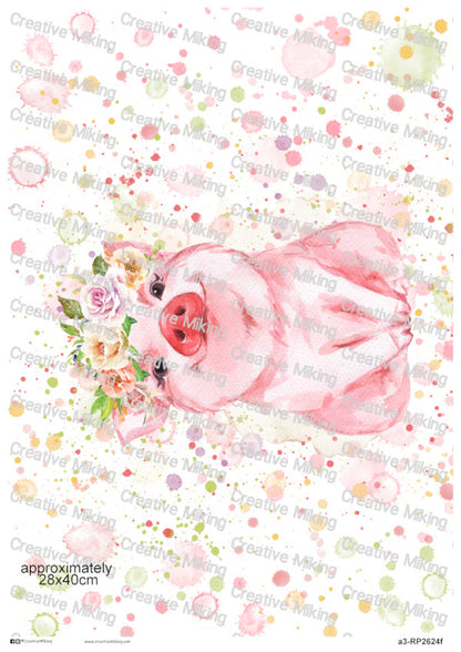 Pig Floral Crown Watercolor Splashes Decoupage Paper | RP2624f
