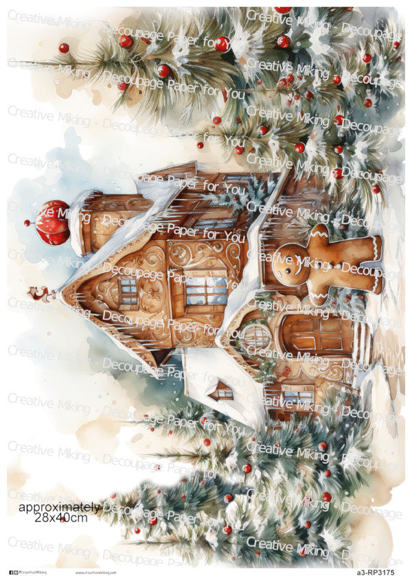Gingerbread Man And Gingerbread House Among Winter Greenery Christmas Decoupage Paper | RP3175