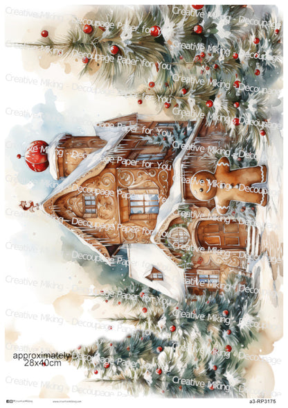 Gingerbread Man And Gingerbread House Among Winter Greenery Christmas Decoupage Paper | RP3175
