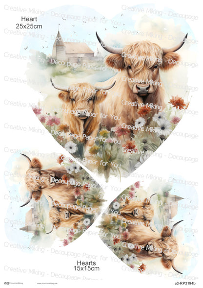 Highland Cow With Calf Among Wildflowers Watercolor Splashes Decoupage Paper | RP3194b