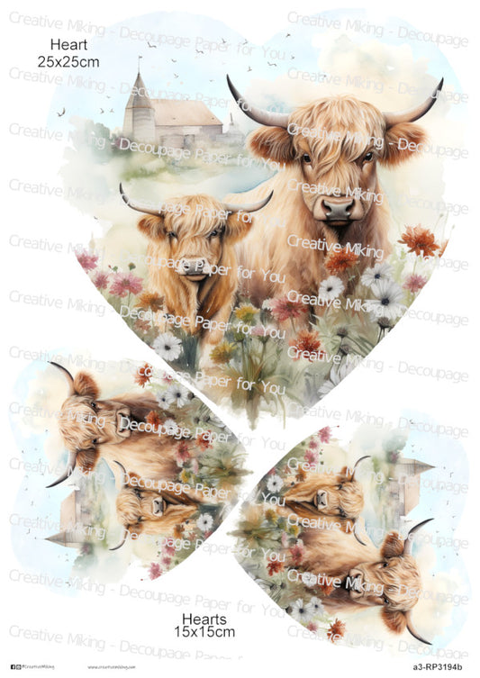Highland Cow With Calf Among Wildflowers Watercolor Splashes Decoupage Paper | RP3194b