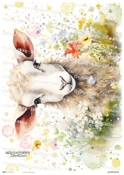 Lamb Among Wildflowers Watercolor Splashes Decoupage Paper | RP3218