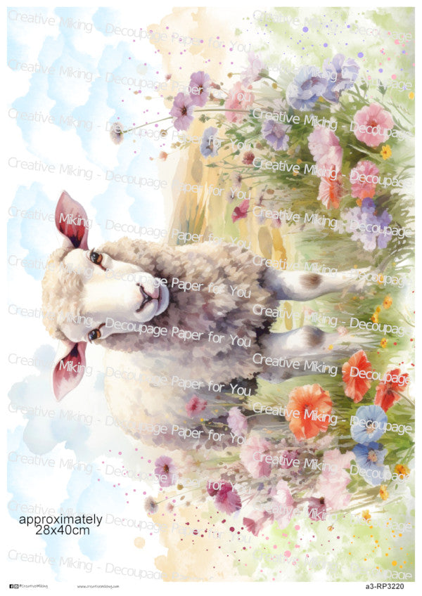 Lamb In Blooming Meadow Decoupage Paper | RP3220