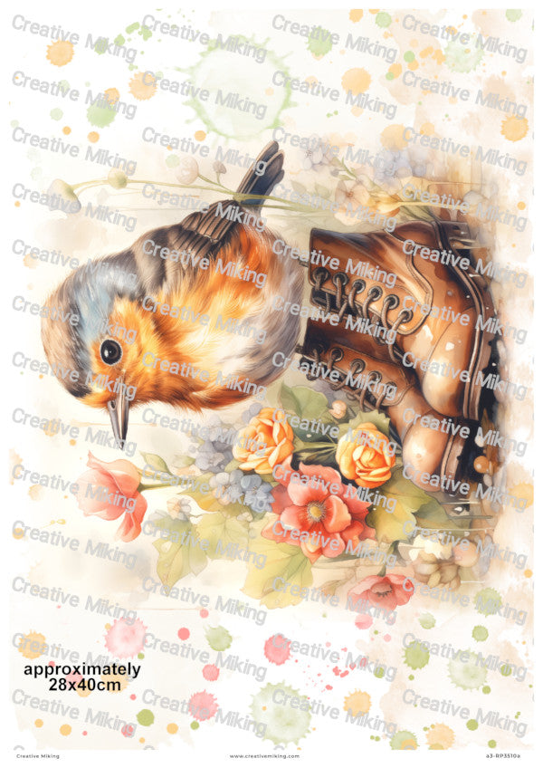 Robin Bird in Boots Among Flowers Decoupage Paper | RP3510a