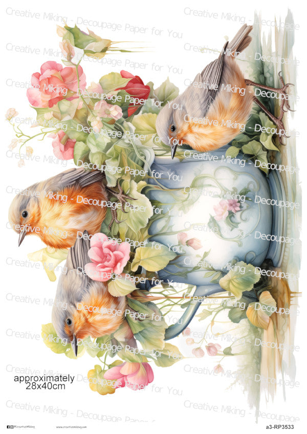 Robins in Floral Teacup Decoupage Rice Paper | RP3533