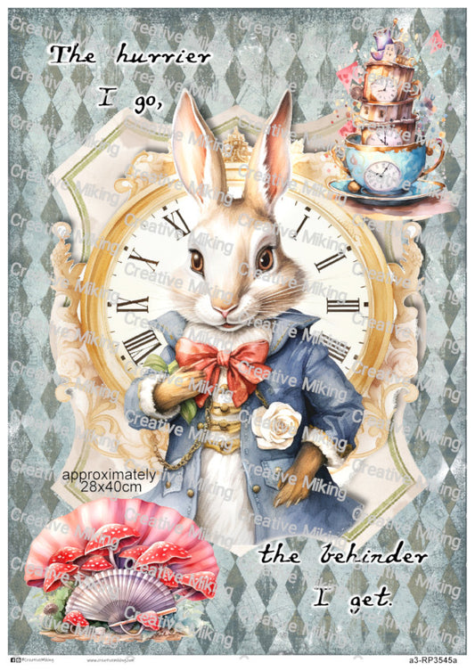 White Rabbit Quote Decoupage Paper – “The Hurrier I Go, The Behinder I Get” | RP3545a