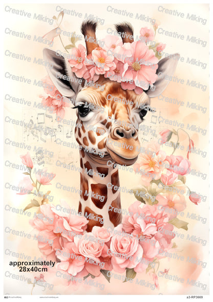 Giraffe Among Pink Flowers Decoupage Paper | RP3669