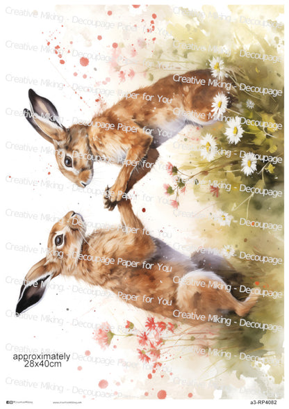 Boxing Hares Among Wildflowers Decoupage Paper | RP4082