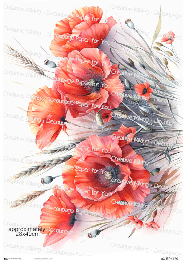 Red Poppies With Wheat Stems Decoupage Rice Paper | RP4170