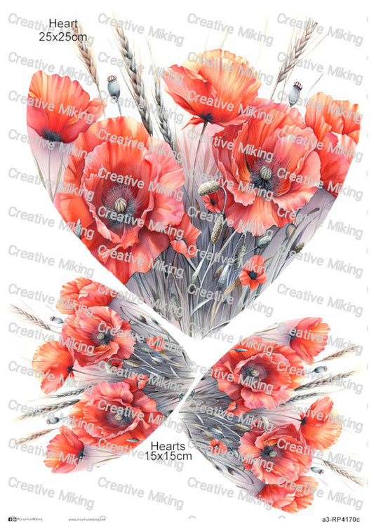 Red Poppies With Wheat Stems Decoupage Paper | RP4170c