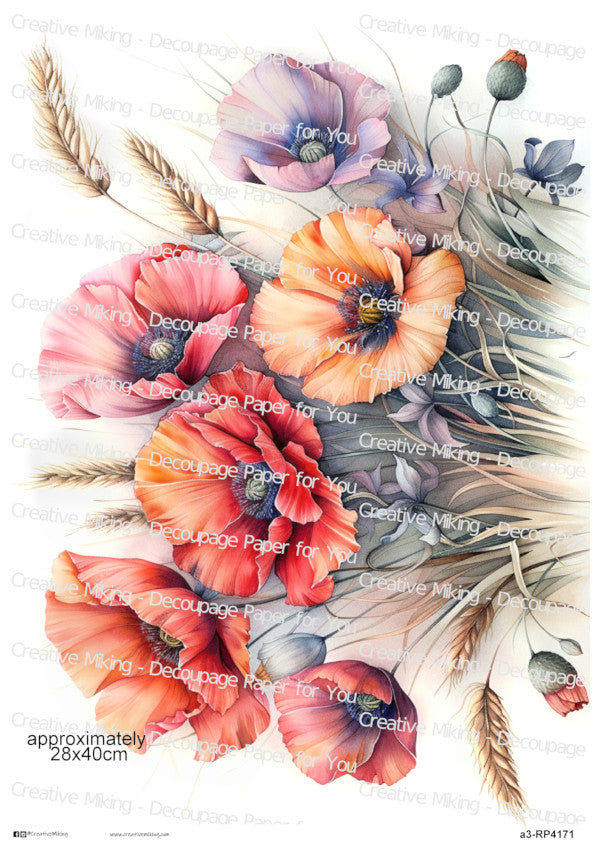 Pastel Poppies With Wheat Stems Decoupage Paper | RP4171