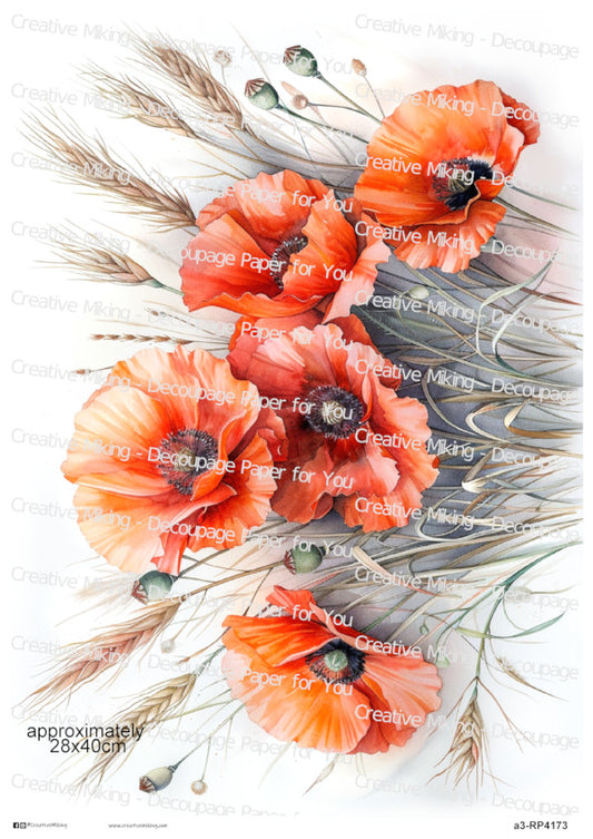 Red Poppies With Wheat Stems Decoupage Paper | RP4173