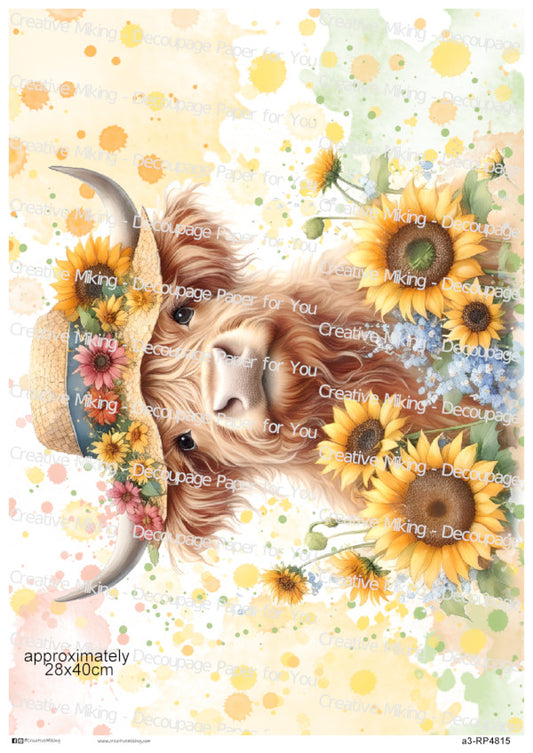 Highland Cow With Sunflowers Decoupage Rice Paper | RP4815